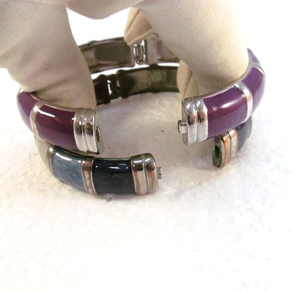 Enamel Bamboo Style Hinge Bracelets Set of 2 Purple and Green Blues - Picture 5 of 16
